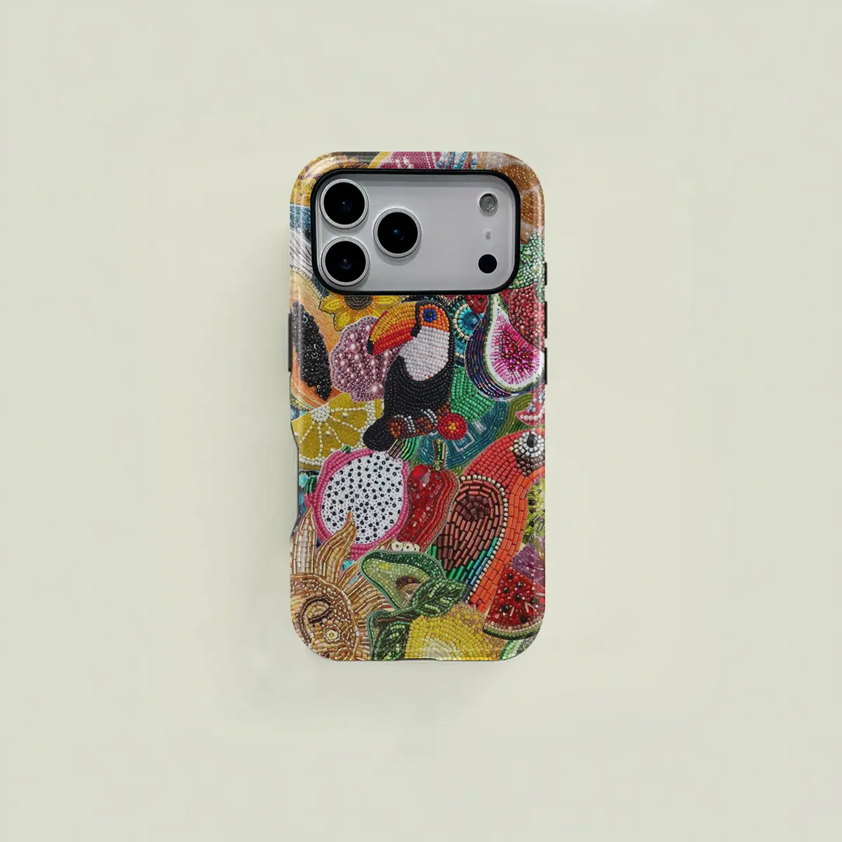 Colorful tropical-themed toucan, parrot, and fruit patchwork pattern protective case; sturdy and durable 2-in-1 case; compatible with iPhone 17/16/15/14/13/12/11 Pro Max/Plus/Pro, and Samsung Galaxy S25/S24/S23 Ultra series; simple and stylish phone case.