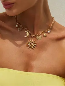 Women's Fashion Pendant Necklace, Charm Necklace, Vintage Bohemian Design with Sun Moon Heart Pendants, Perfect for Parties and Holidays