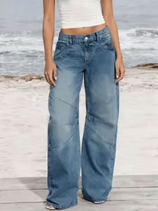 Retro Washed Winner Women Jeans, Blue Baggy Wide-Leg Boyfriend Pants, Casual Fashion Long Trousers for Fall & Winter