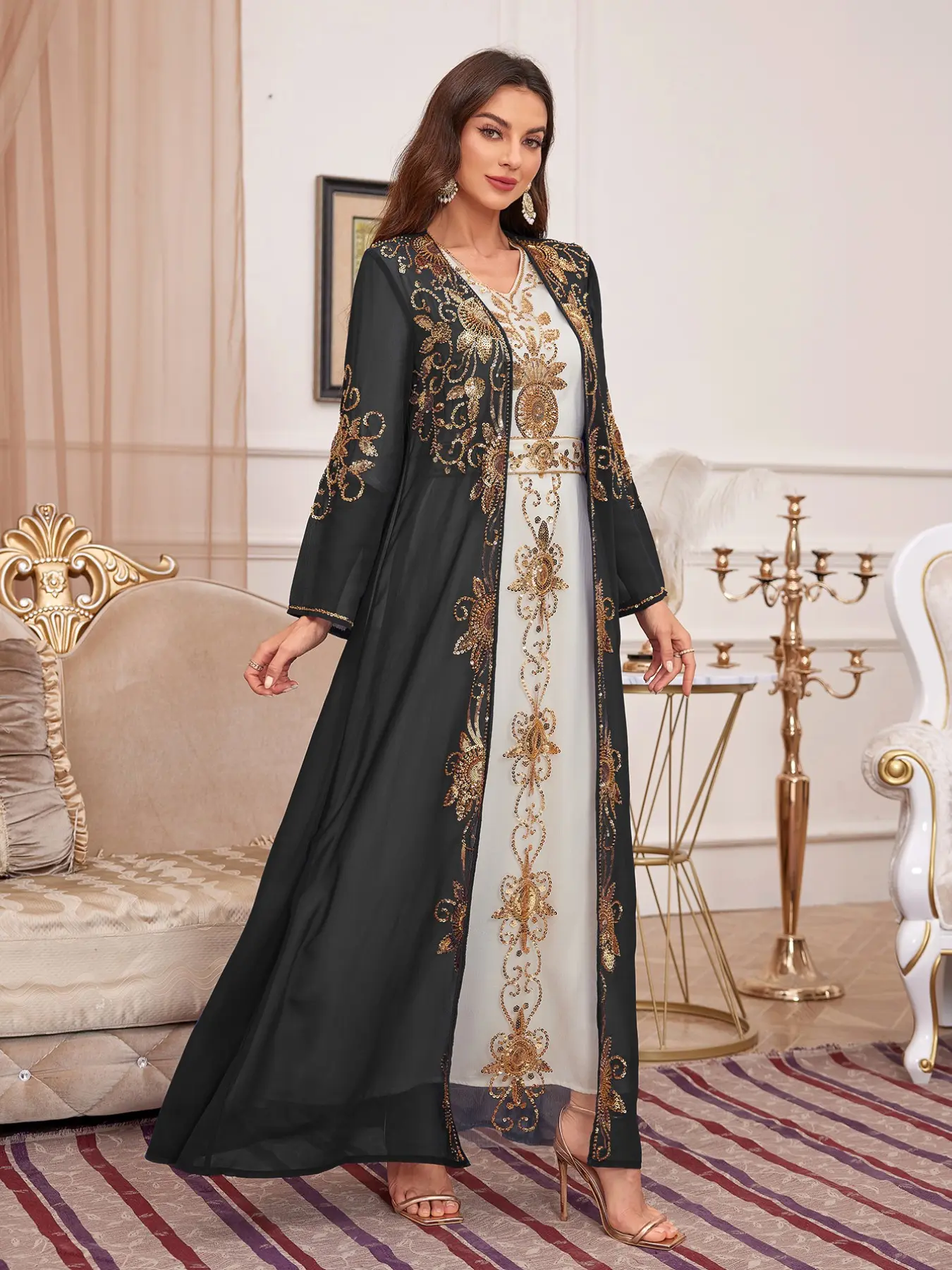 Kaftan Embroidery Abaya Two-Piece Set with Belt, Sequins Embellished Dress, Elegant Loose-Fitting H-Type, All Seasons Fashion, Loose Abayas