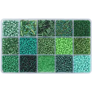 Mix 15 Color Glass Seed Tube Beads Glass Bugle Beads Loose Kit for Jewelry Making DIY Craft Beading (Mix 15 Color, Green)