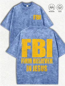 Wash-worn cotton men’s vintage religious T-shirt featuring “FBl” and a bold faith statement about Jesus; summer street style crew neck short-sleeve tee. Casual commuting design with a retro distressed aesthetic inspired by the 2000s. Suitable for running,