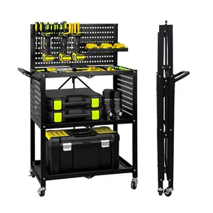 Lumizone 3-Tier Foldable Rolling Tool Cart with Wheels Utility Cart with Pegboard for Garage Organizer Power Tool Storage Cart on Wheels