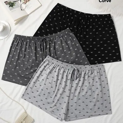 【Black Friday】[Plus-Size] All-Over Bow Print Knitted Pajama Shorts, Casual Comfy Loose-Fit Sleep Shorts for Women, All-Season Sleepwear, Loungewear