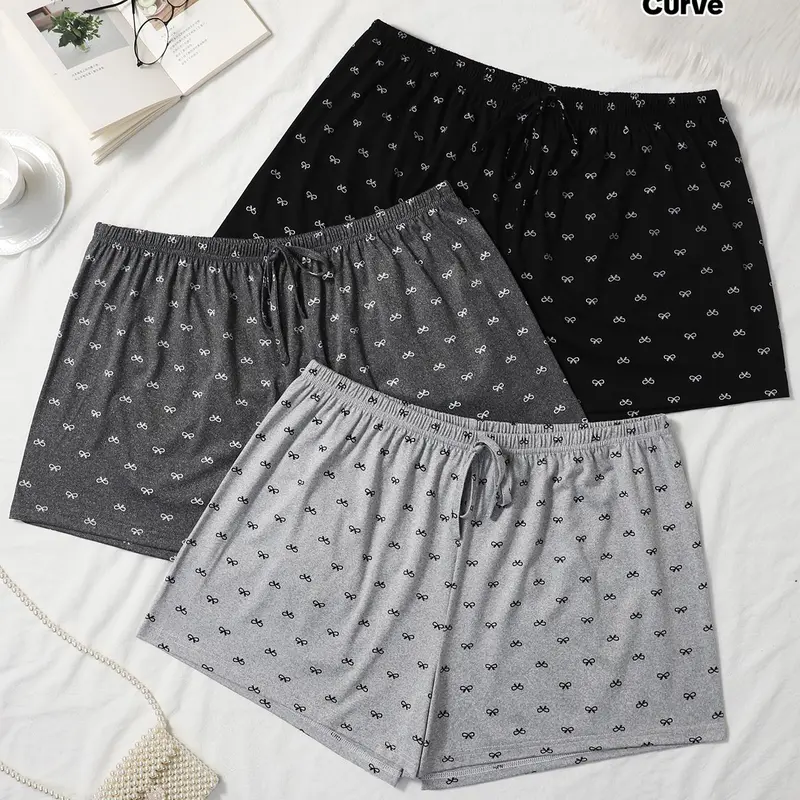 【Black Friday】[Plus-Size] All-Over Bow Print Knitted Pajama Shorts, Casual Comfy Loose-Fit Sleep Shorts for Women, All-Season Sleepwear, Loungewear