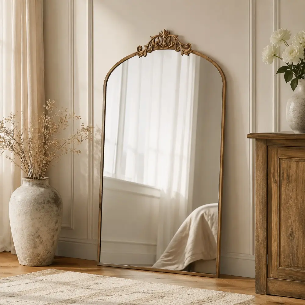 Littleox Wall Mirror 43x24 Inch Vintage Ornate Arched Floor Mirror Metal Framed Mirror Dressing Mirror, for Entryway, Living Room, Bedroom,  Antique Bronze