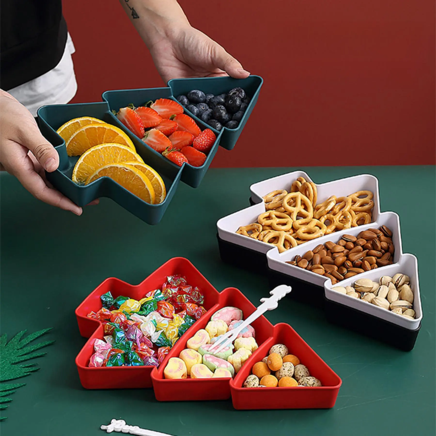 Creative Christmas Tree Shaped Fruit Tray, 3 Counts/set Snack Candy Dried Fruit Serving Tray, Household Snack Plate for Kitchen Party