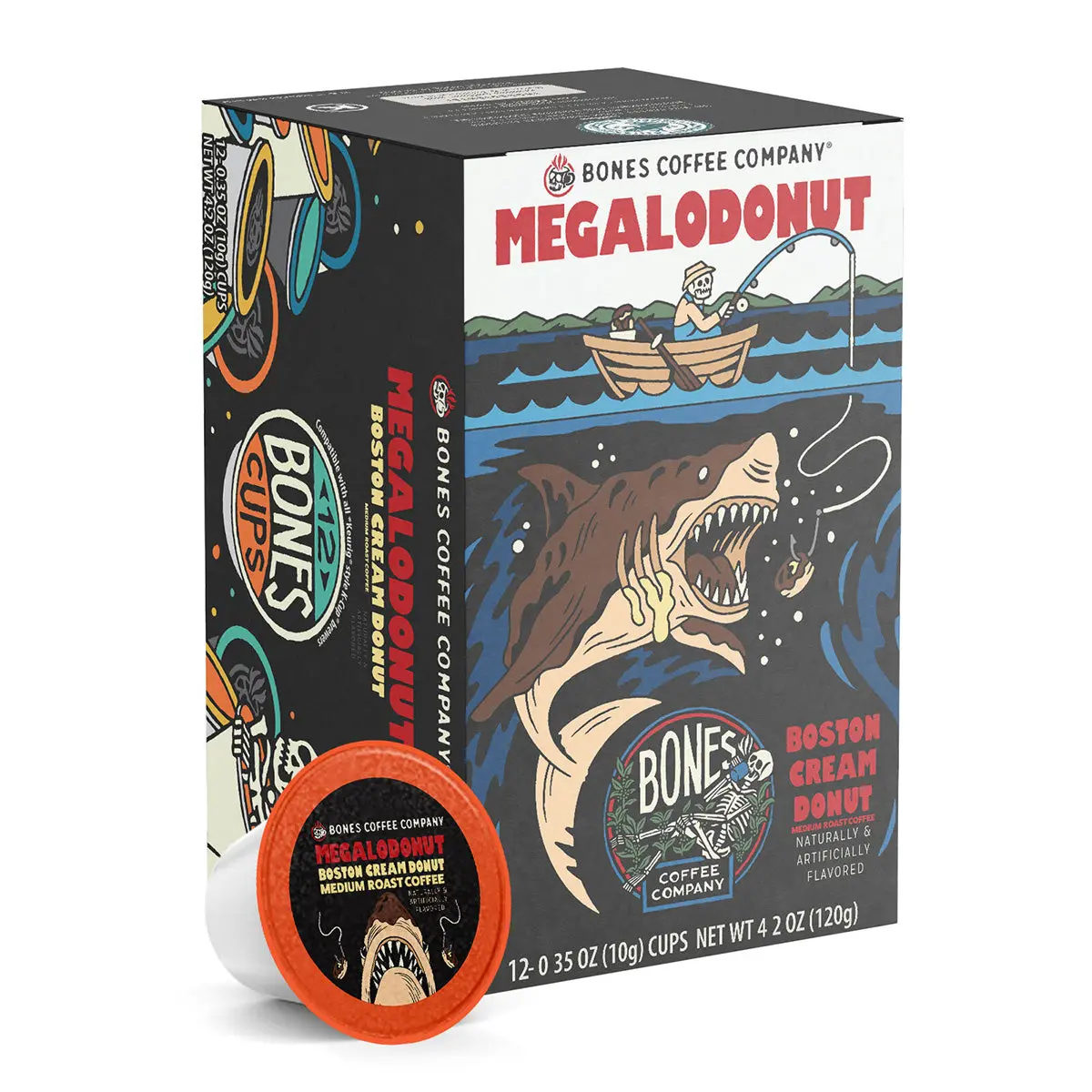 Bones Coffee Company | Megalodonut Boston Cream Donut Flavored Coffee Pods 12 Count Medium Roast Keurig Compatible Bones Coffee Company | Megalodonut Boston Cream Donut Flavored Coffee Pods 12 Count Medium Roast Keurig Compatible