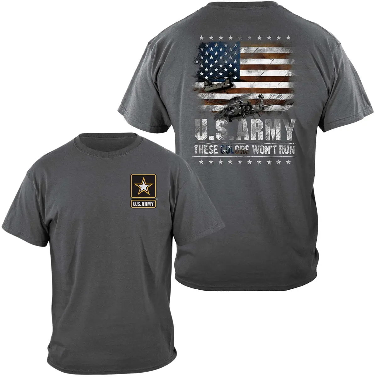 US Army These Colors Won’t Run T-Shirt, 2 Sides Military Graphic Tee for Men & Women, American Flag Patriotic Shirt, Gift for Army Veterans
