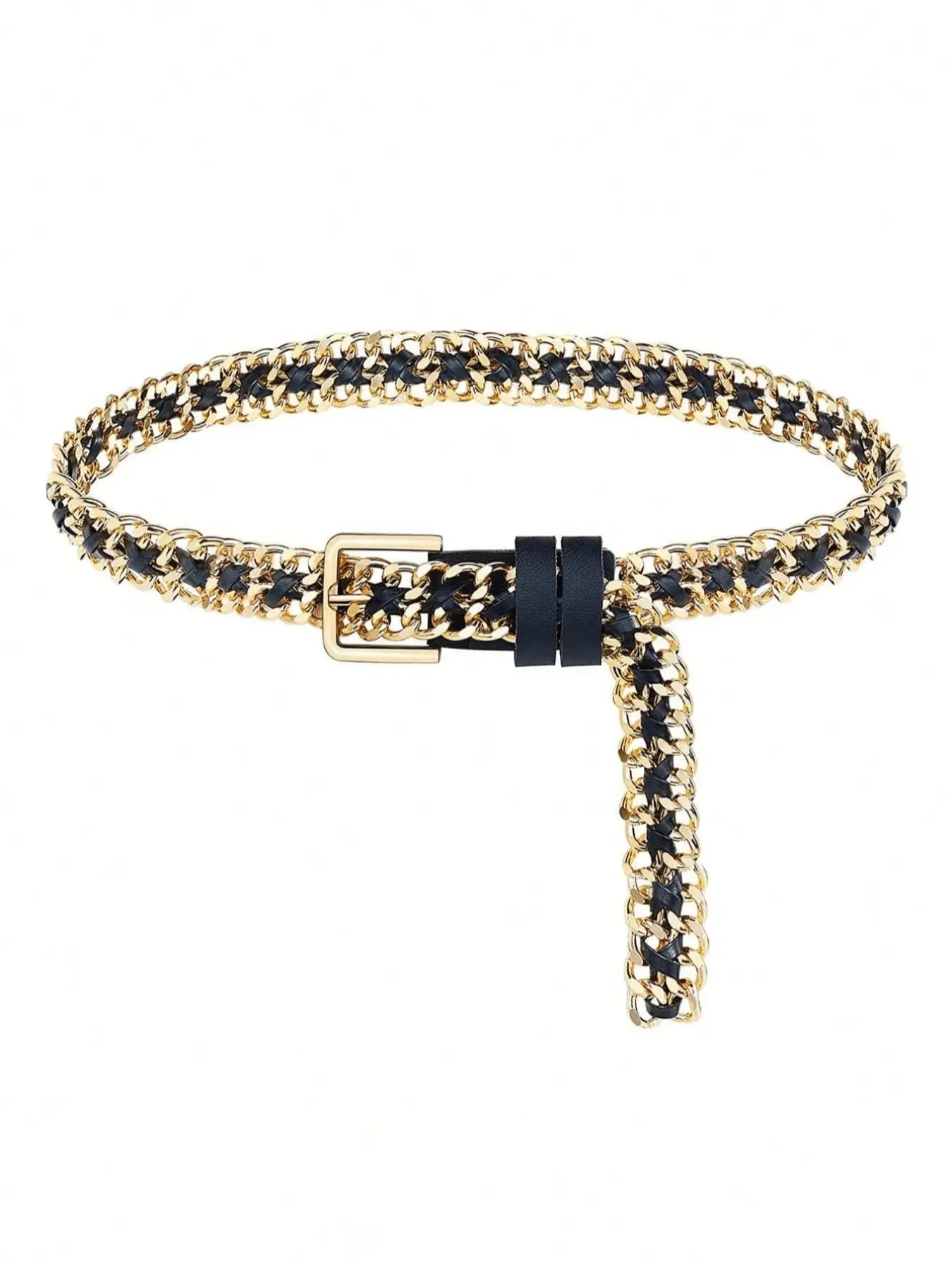 Vintage Black and Gold Chain Belt With Diamonds Vintage Black Leather Belt With Gold Chain Link - Elegant  main image 4