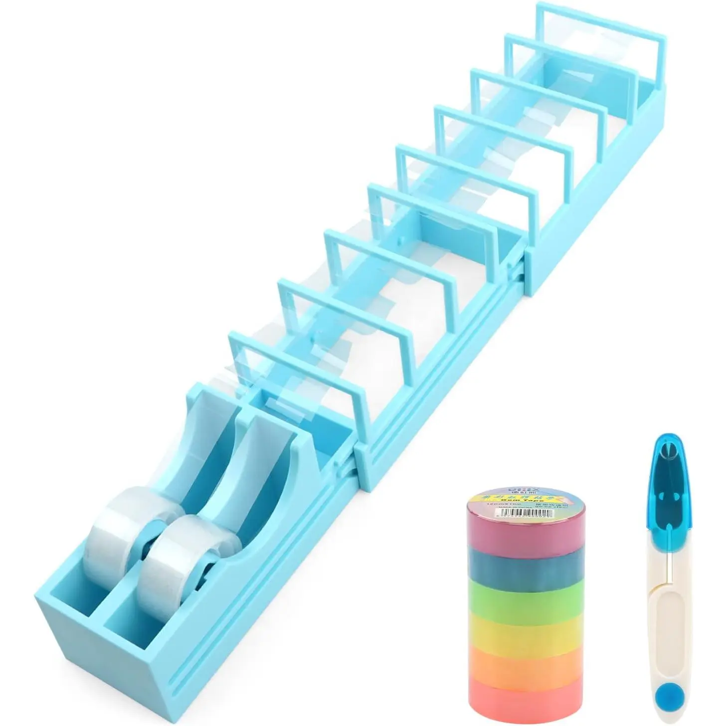 Blue Small Space-Saving Synthetic Safety-Free Desktop Tape Dispenser - Compact, Portable, Durable Multi-Tape Tool with 18 Strips per Second, Convenient Holder for Craft Enthusiasts (for Wrapping, Crafts), Multiple Tapes