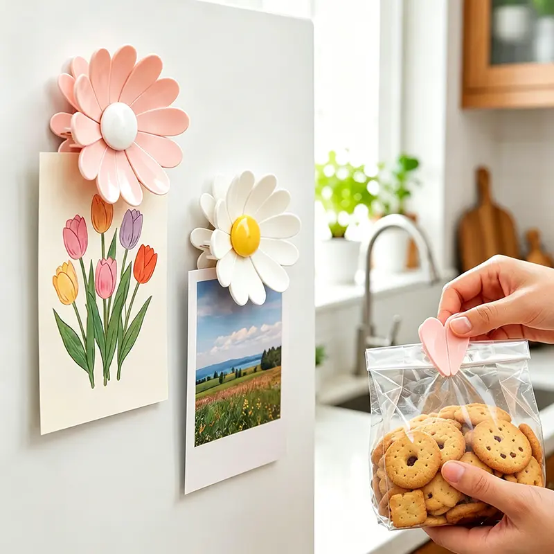 2pcs Fridge Magnetic chip clips （12Bag Clips+2 Magnetic Base）Cute Food Sealing Clips - Cherry Blossom Bag Clips for Snack, Bread & Pet Food Storage, Fridge Organizer & Kitchen Decor Gift