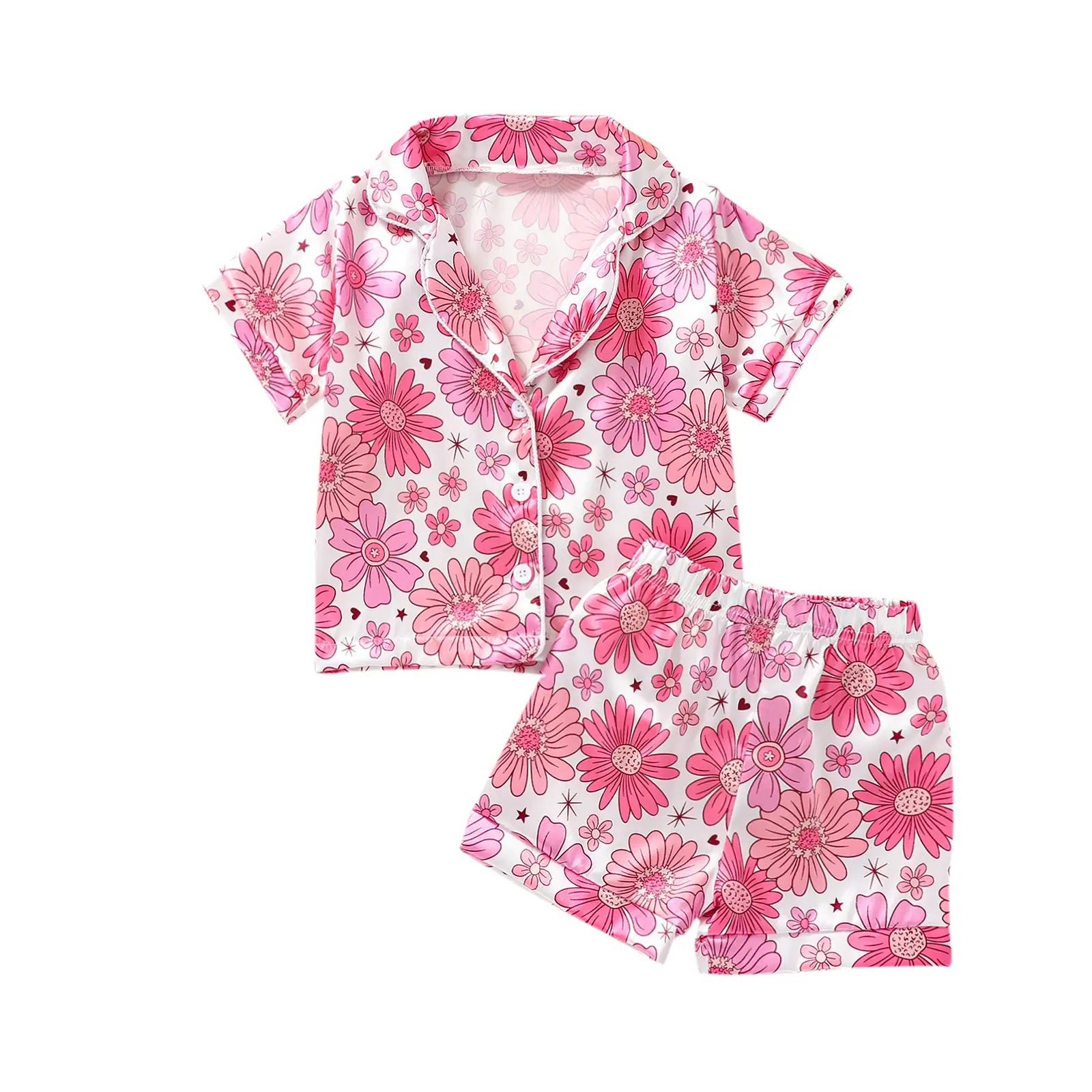 Toddler Baby Girls Summer Pajamas Cute Floral Print Short Sleeve Lapel Button Down Shirt Shorts Kids Satin Sleepwear