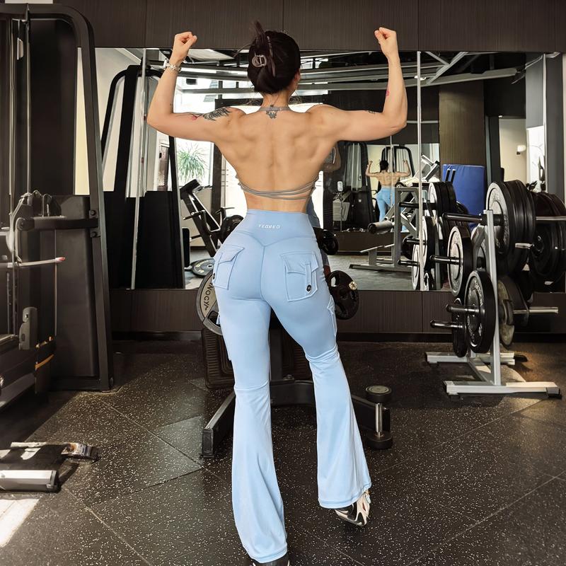 YEOREO CoreFlex High Waist Tummy Control Flare Leggings with Pockets Seamless Scrunch Butt-Lift Cargo Yoga Gym Pants