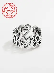 S925 Sterling Silver Hollow Out Heart Design Cuff Ring, 2024 New Style Vintage Adjustable Open Ring, Fashion Jewelry Accessories for Women & Girls, Heart Cluster Ring, Fashion Rings, Statement Rings