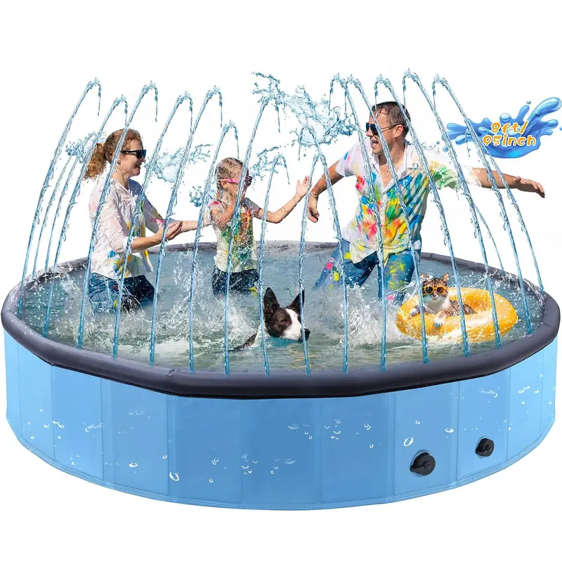 95" Versatile Round 2-in-1 Collapsible Giant Dog Pool with Built-in Sprinkler, Heavy-Duty PVC Pet Bathing Tub, 240cm/94in/8ft Stable Nonslip Tub for Outdoor Backyard Cooling Relief, Fold & Store Fast (Large Dogs)