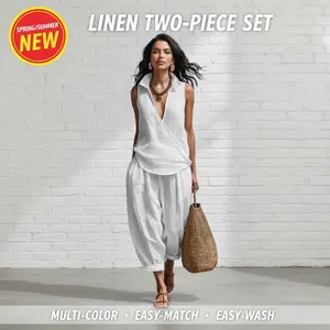 2026 spring and summer new women's clothing simple lapel shirt and wide-leg pants linen two-piece set