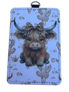 Badge Holder with Cute Cow Design and Leopard Bow on Blue Background