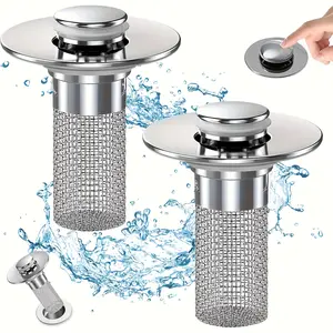 2Pc 304 Stainless Steel Pop-Up Sink Drain Filter Removable Hair Catcher Easy Push-to-Open Bathroom Bathtub
