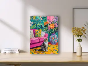 Colorful Cat Fun Paint by Numbers Kit DIY 16x20 Linen Canvas Oil Painting Decorative Gifts Stress Relief Toys Handicrafts with Vibrant Floral Background