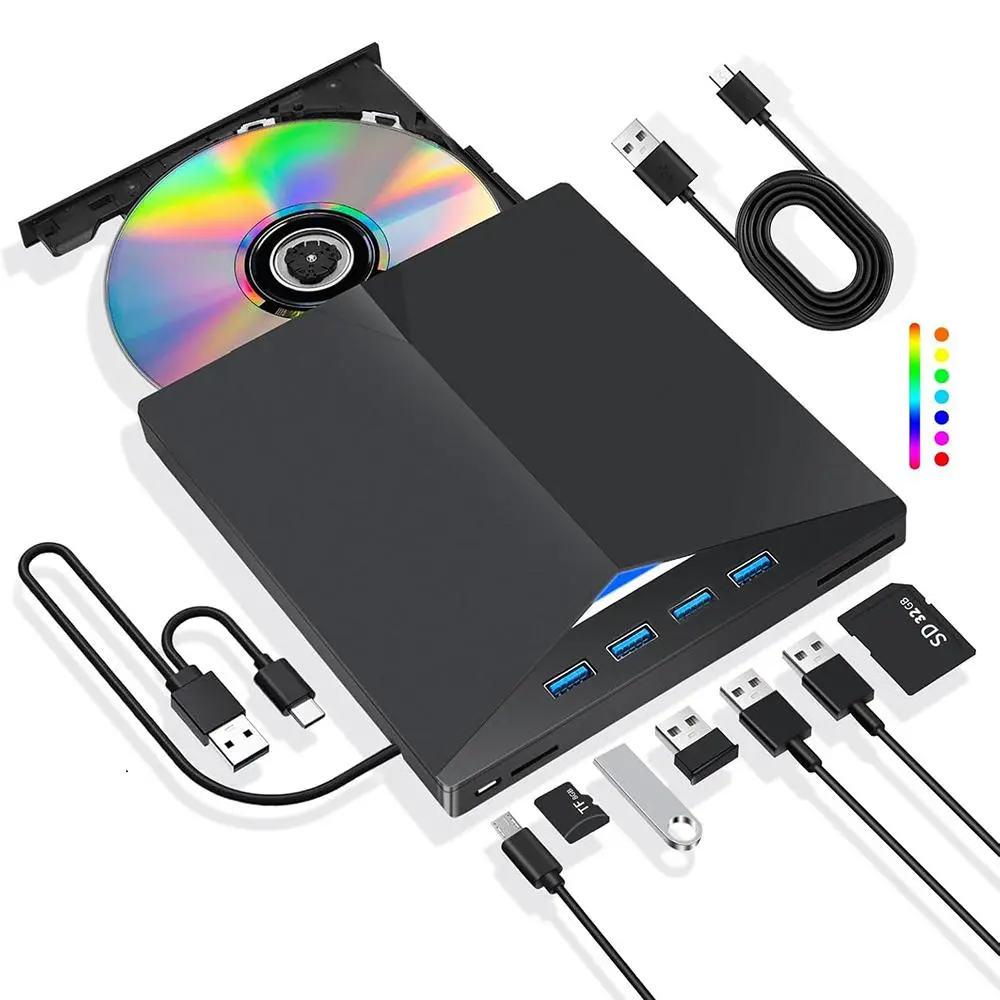 7 in 1 USB 3.0 Type-C External DVD Drive, Portable DVD Player, External DVD Drive with 4 USB Ports & SD/TF Card Slots, Multifunctional External Optical Drive