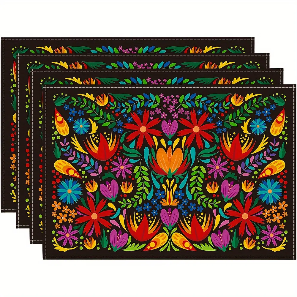 Lightweight Washable Floral Tableware Placemats (1/4/6 Pcs, 12x18 In) - Perfect for Cinco De Mayo, Dia De Los Muertos Dining Table Decoration