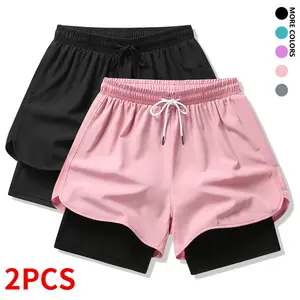 2-piece set: women’s casual athletic pants, solid color, lined, elastic drawstring waist; suitable for outdoor workouts, running, sports, and casual wear; women’s shorts.
