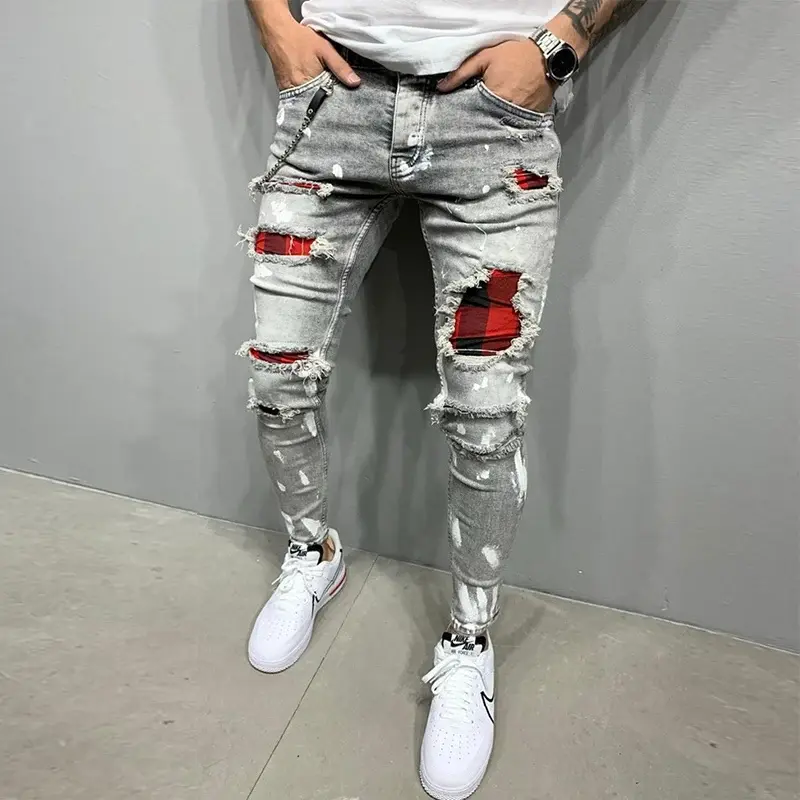 Men's Streetwear Ripped Denim Jogger Pants, Slim-Fit Stretch Cotton for Casual Party & Festival Wear, Ripped Holes, Multi-Size, Fashion, Sporty Chic, Flat Dry, Hand Wash Only, Patchwork, Menswear, Jeans, Slim-Fitting