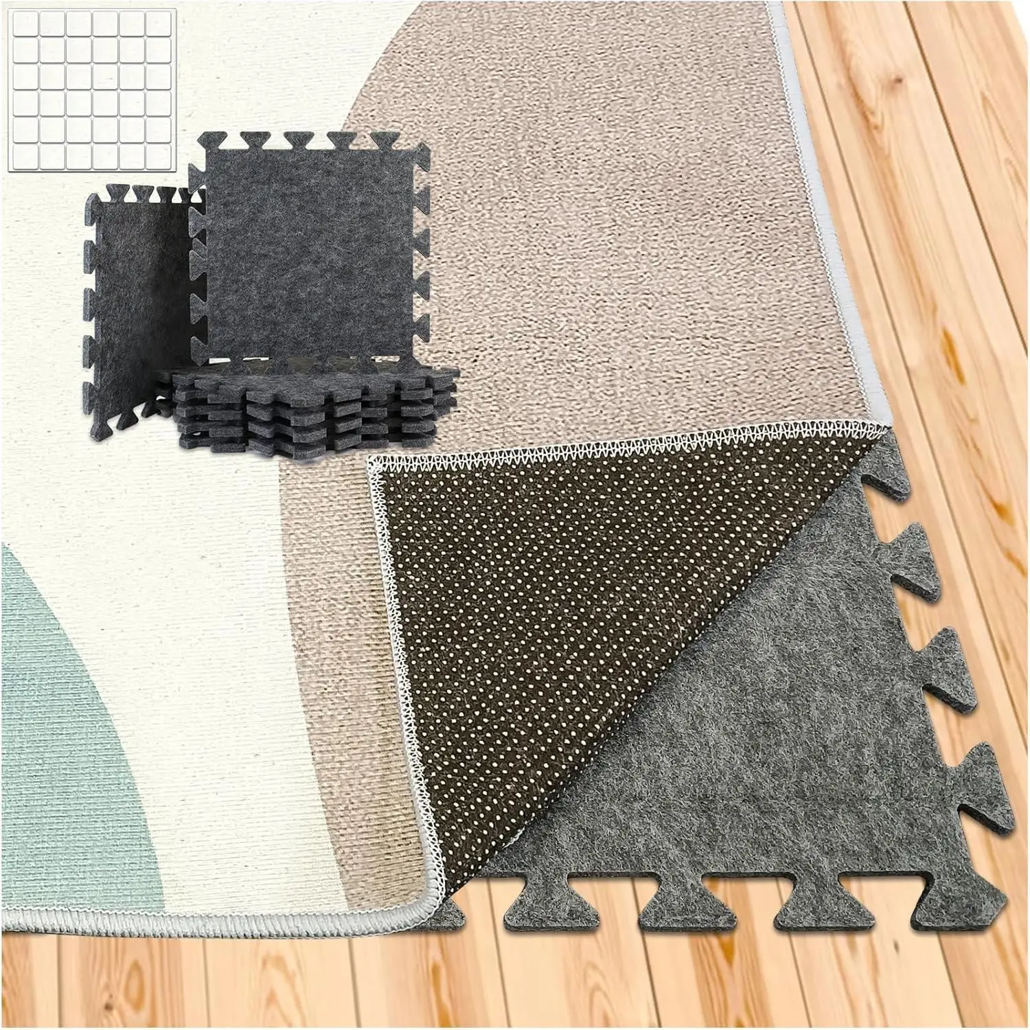 Soundproof Interlocking Rug Pad 10 count, 11x 11 x 0.4 inches Non Slip Rug Pads, High Density Noise Reduction Puzzle Felt Carpet Padding, Rug Mat Protects and Adds Cushion for Hardwood Floors