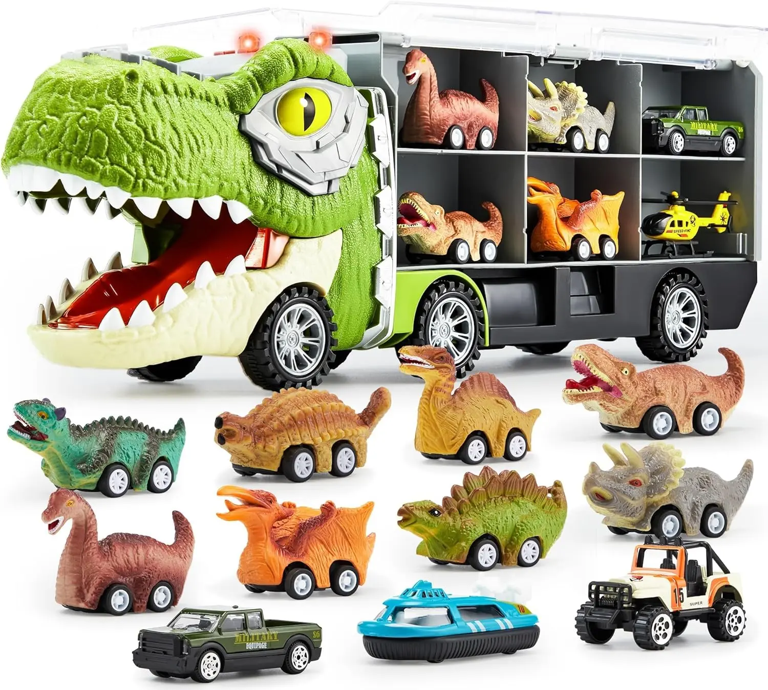 13-in-1 Transforming Dinosaur Transport Truck with 12 Pull Back Cars, Toy Car Carrier for Kids 3-5, Monster Truck Car Wash Toy Ride On Car, Birthday Gift for Boys