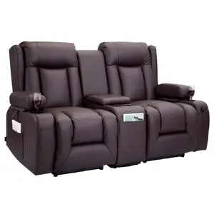 Loveseat Recliner Sofa With Power Reclining, Heating And Massage Plus Timer, PU Leather Electric Recliner With Center Console, USB Ports, Cup Holders, Side Pockets And Storage Bags For Living Room Decor