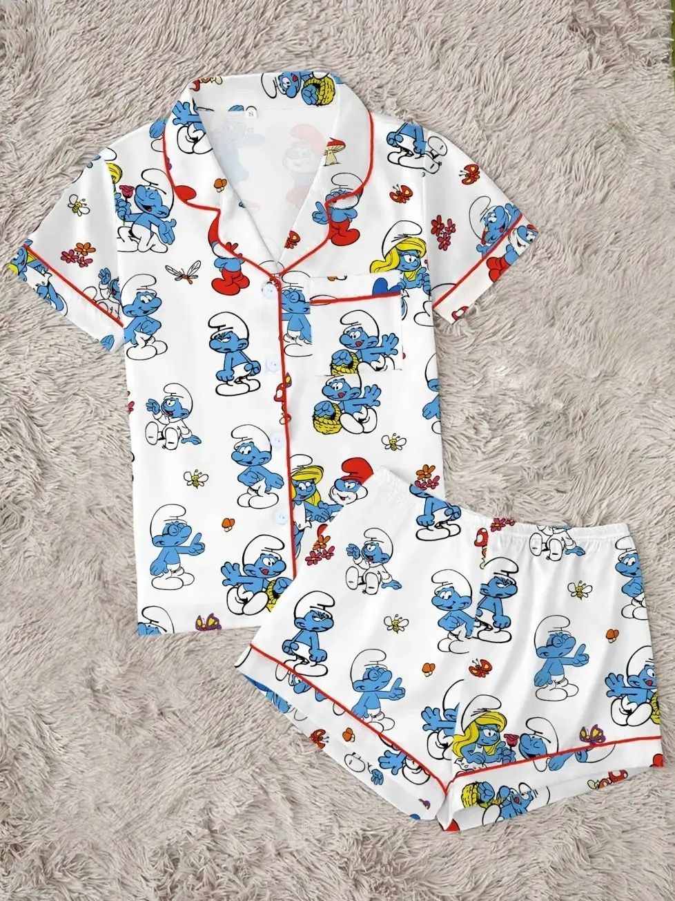 Trendy 80s Nostalgic Cartoon Pajama Set | Cute Blue Elf Graphic Print Sleepwear | Soft Short Sleeve Button Down Lounge Outfit with Red Piping | Kidcore Summer PJs, PJ Sets