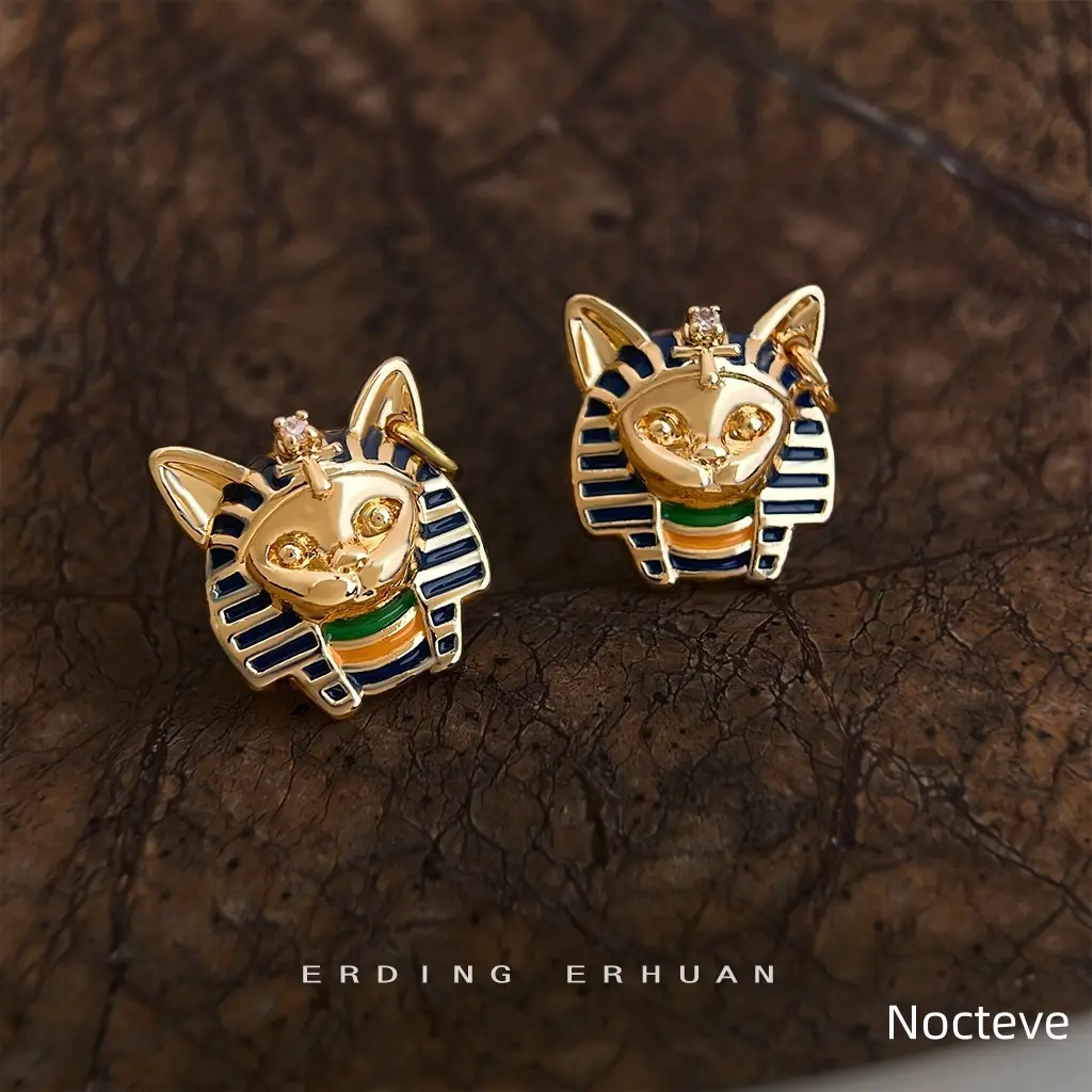 Women’s Ancient Style Egyptian Cat Pharaoh Enamel Brass Stud Earrings, Original Retro Totem Silver-Tone Pin Daily Stackable Ear Jewelry For Ladies