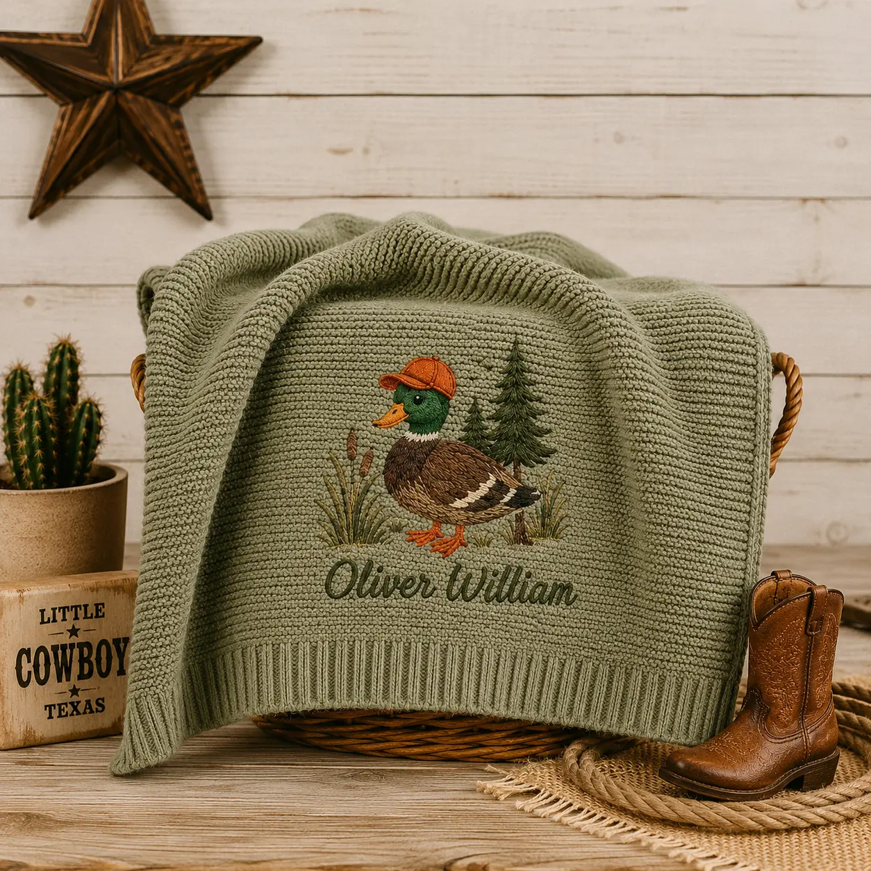 [Made-to-Order] Personalized Mallard Duck Embroidered Baby Blanket, Custom Name Woodland Hunting Knit Blanket, Forest Nursery Keepsake, Baby Shower Gift