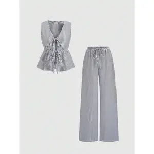 Summer Solid Color Striped Set Casual Tie Versatile Vest Loose Tie Solid Color Pants Casual Sweet Set