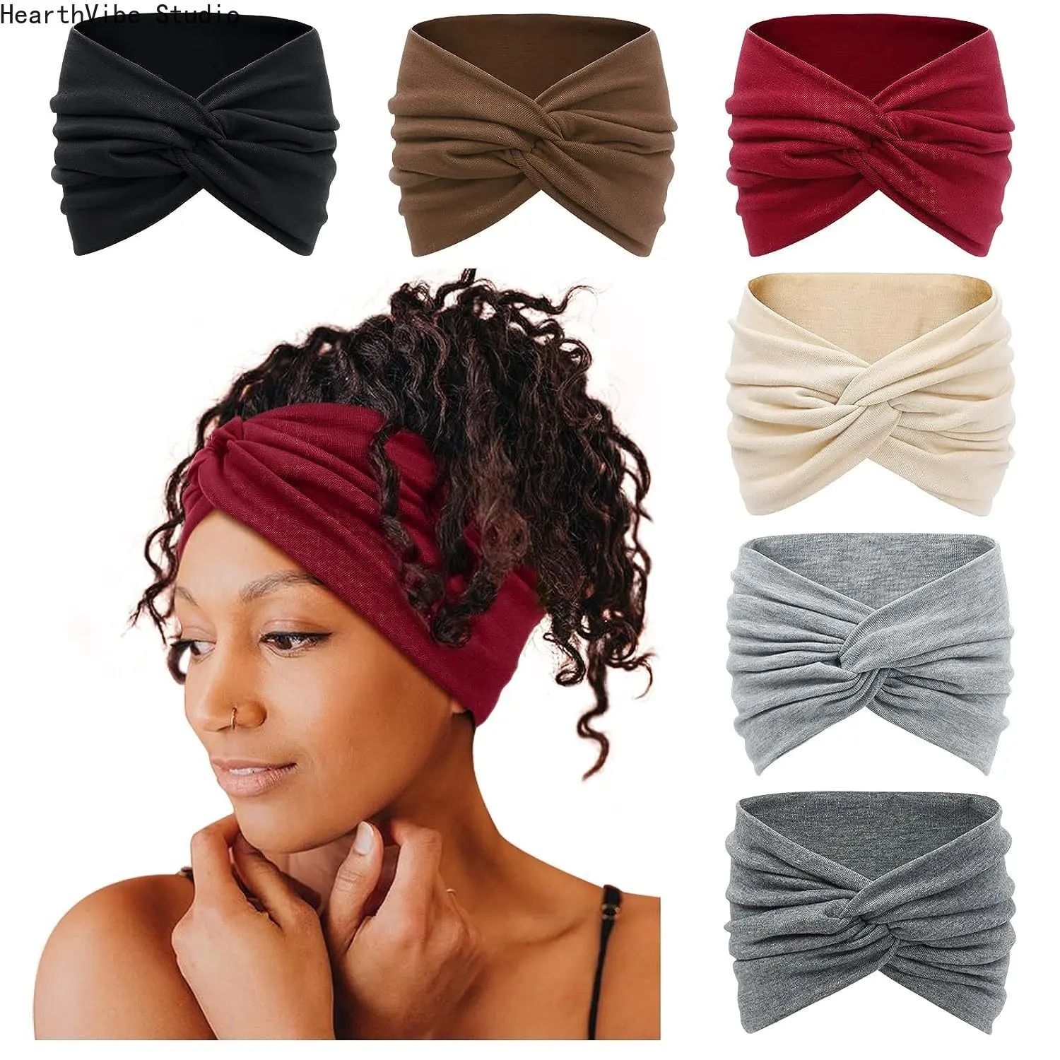 Women's 6-Pack 3.5in Extra Large Wide Twisted Knot Turban Headbands, Solid Color Gym Headbands for Casual Sports, Bohemian Workout Hair Accessories, Gym Headband