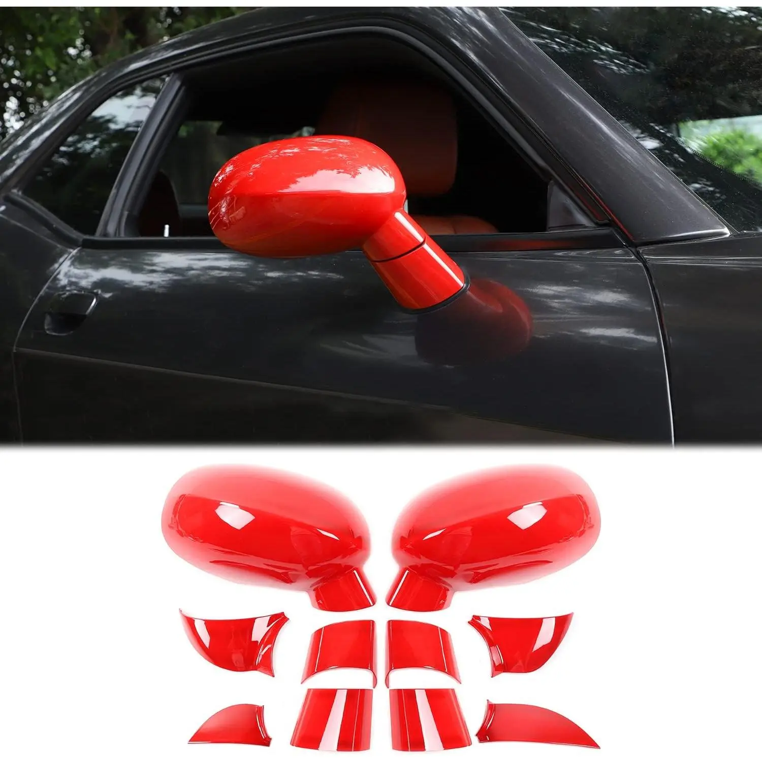 Challenger Rearview Mirror Cover Side Mirror Trim Shell Cover Decoration Trim for 2009-2024+Dodge Challenger Exterior Accessories ASB Red, 11pcs