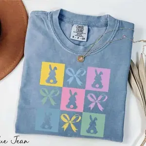 Comfort Colors Retro Checkered Bunnies Easter T-Shirt, Coquette Spring Graphic Tee, Soft Washed Vintage Style Holiday Top for Women, Cute Seasonal Celebration Gift Idea - TrendWear USA