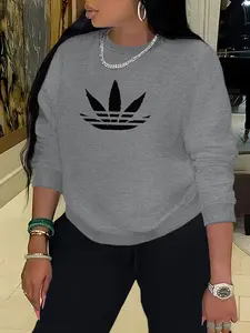 Clover pattern print Women's Clover Pattern Print Casual Loose Fit Sporty Sweatshirt, Fashion Round Neck Long Sleeve Pullover, Comfortable Daily Wear, Womenswear