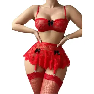 Temptsy Women's Three-Piece Romantic Lace Mini Dress Set, including stockings and lingerie. The dress features a strappy, printed design. Breathable and comfortable, suitable for all seasons.