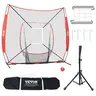 VEVOR Adjustable 7x7 ft Bow Frame Baseball Softball Training Net for Adults & Children, Polyester Backstop with 600D Oxford Bag, Strike Zone, 2.8" Sand Ball, 27.6-42.1" Tee, Anti-Tipping Carbon Steel Base for Enhanced Stability & Outdoor Hitting/Catching