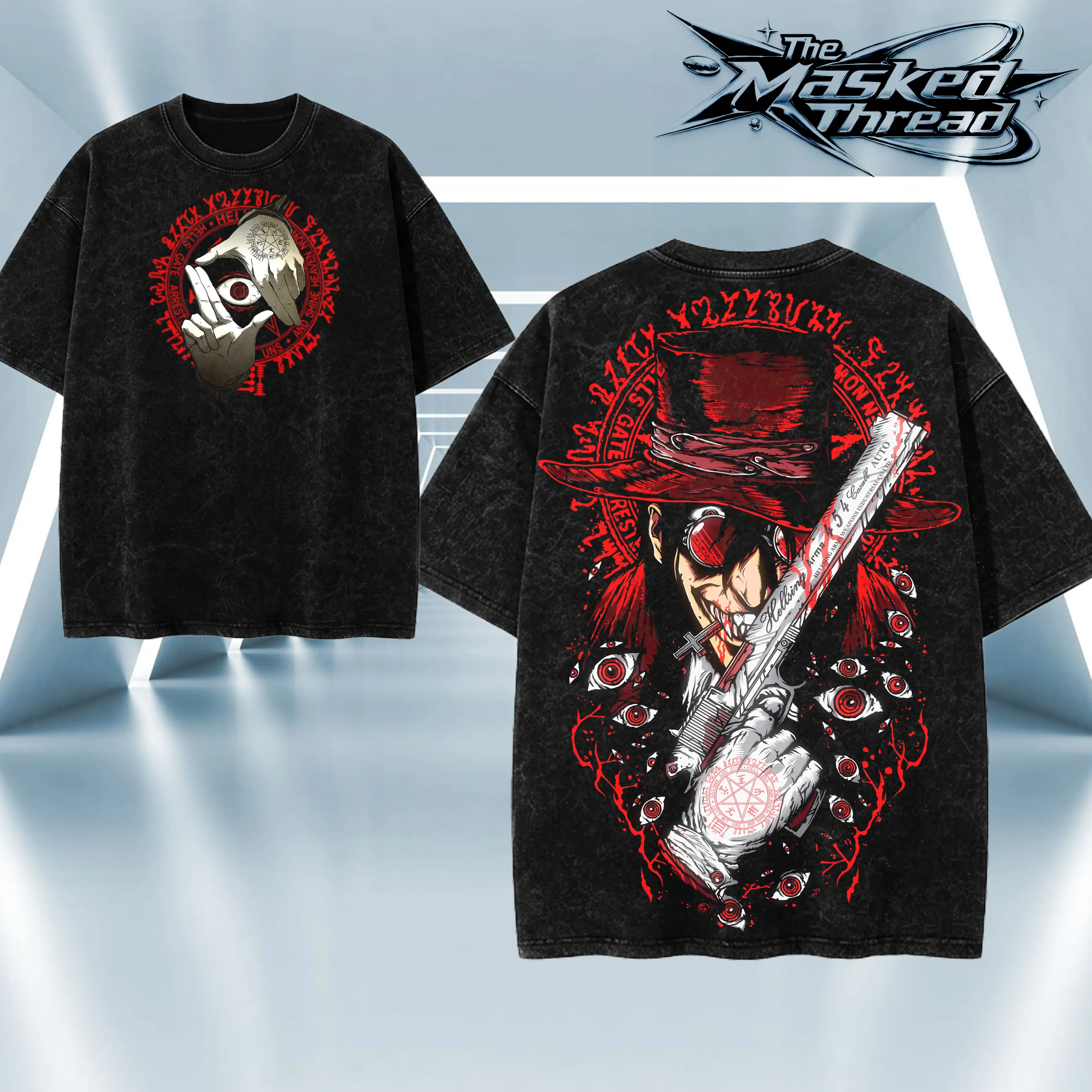 Alucard Hellsing Acid Wash T-Shirt Sweatshirt Hoodie Gothic Anime Vintage Oversized Graphic Tee Dark Fantasy Streetwear Unisex Harajuku Washed Cotton Horror Manga Vampire Gift Red Black Graphic