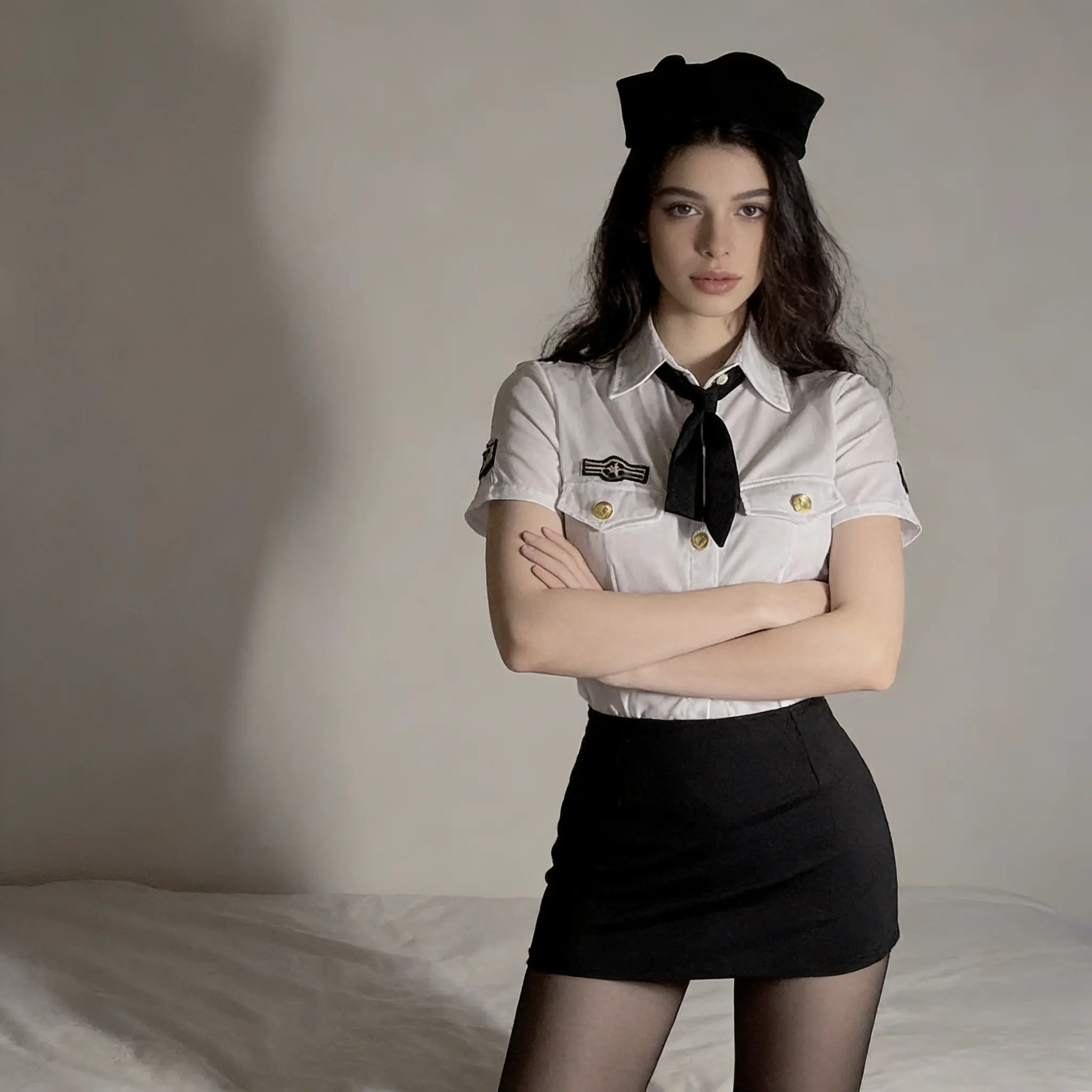 Pilot Cosplay Outfit for Women - Gold Button Shirt and Black Skirt Set, Clothes, Sexy, Costumes, Lady