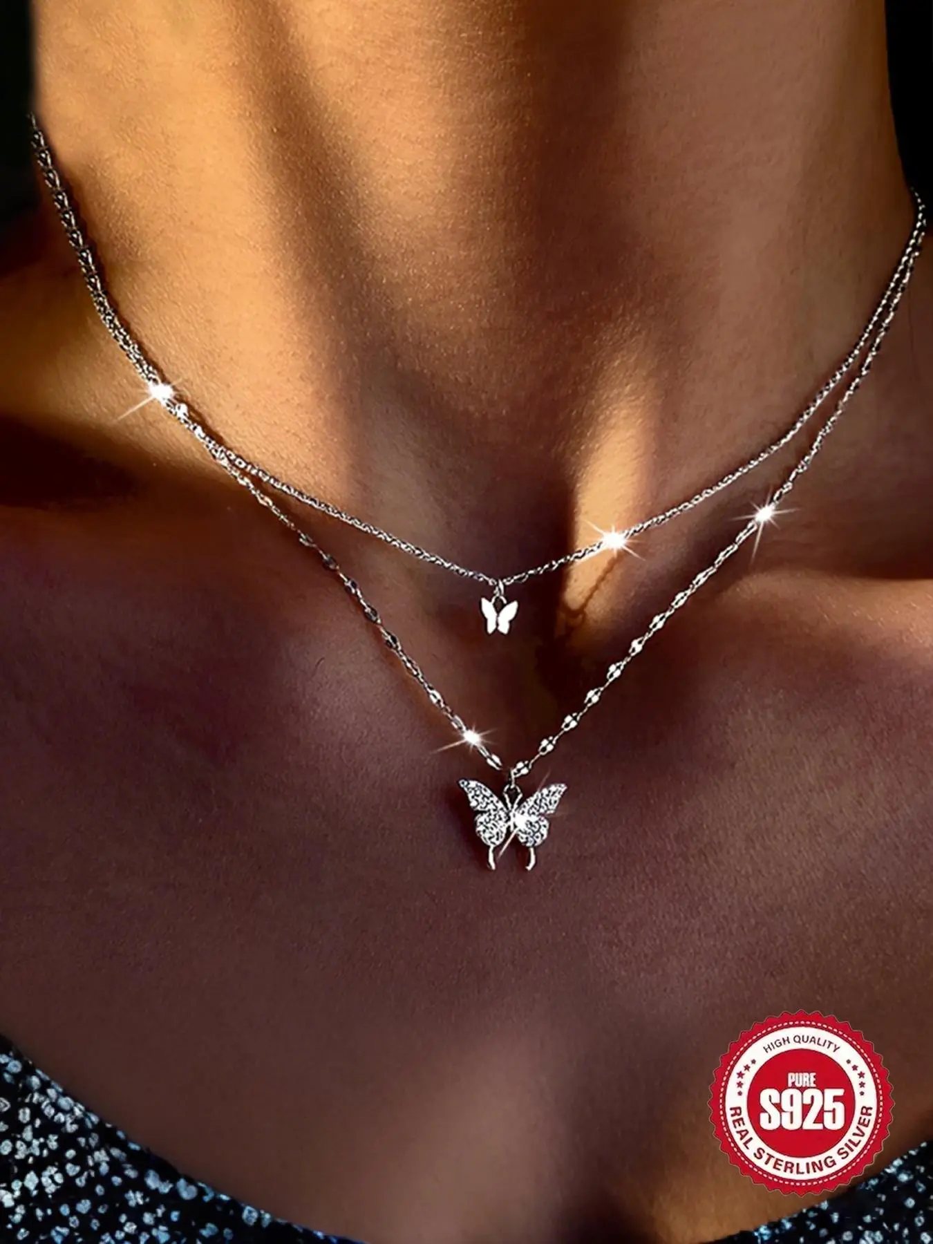 S925 Sterling Silver Butterfly Design Layered Necklace, Twisted Butterfly Necklace, Fashion Rhinestone Decor Necklace for Party, Daily Decor, Trendy All-match & Exquisite Jewelry for Birthday Gift