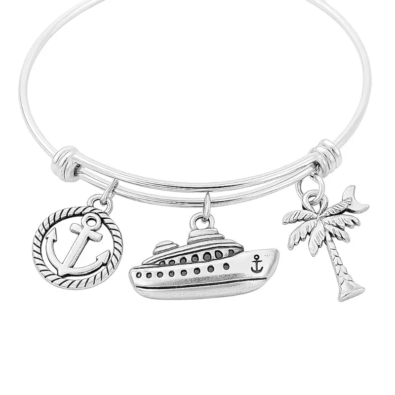 Cruise Ship Charm Bracelet for Women – Adjustable Silver Bangle with Anchor, Ship & Palm Tree Charms