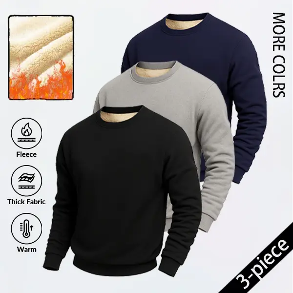 Men's 3-Piece Fitted Cut Longsleeve Top Set - Full Sleeves Plain Velvet-Lined Thick Fleece Hoodie & Round Neck Casual Wear for Autumn Winter Warm Comfort, Motocross Biker Stylish Menswear