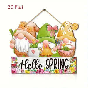 Spring Welcome Gnome Door Sign, Wooden Wall Hanging Decor, Rustic Farmhouse Style, Includes Gnomes, Baskets, Spring Flowers, Perfect for Front Door
