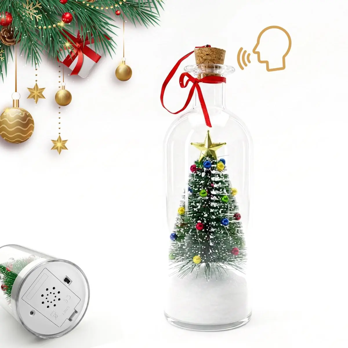 Mr. Christmas 8" Glass Message Bottle, Festive Christmas Tree Decor with Voice Recording Function, Brush