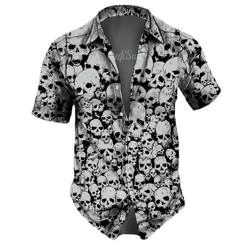 Black & White Skull Gothic Hawaiian Shirt, Vintage Aloha Top Summer Outfits, Retro Tropical Shortsleeve Menswear, Casual Stylish Streetwear