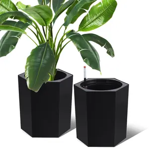 16 In Tall Planters Set of 2, Self Watering Pots with Water Level Monitor, Bottom Wheels and Drainage Hole, for Garden, Patio, Balcony, Lounge, Black
